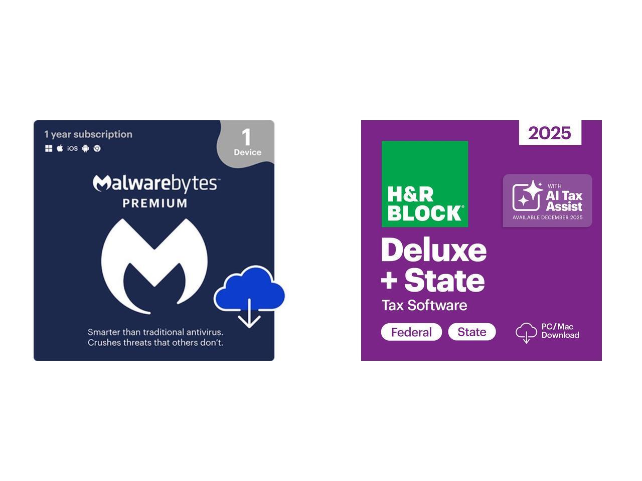 H&R Block 2025 Tax Software: Deluxe + State w/ 1-Year Malwarebytes Premium or Bitdefender Internet Security Software (PC/Mac Download) $19.99 via Newegg