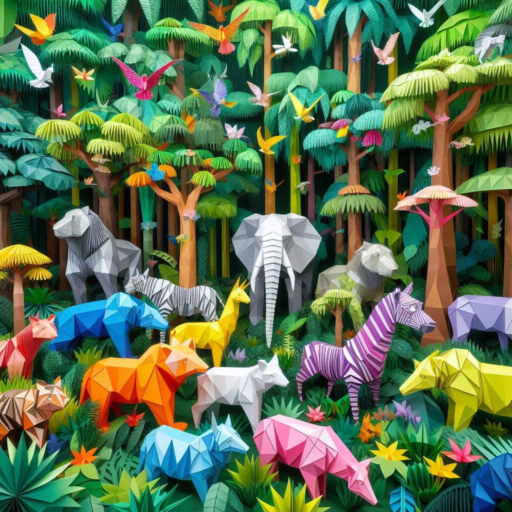 Entire rainforest made from folded colored paper, full of geometric animals.