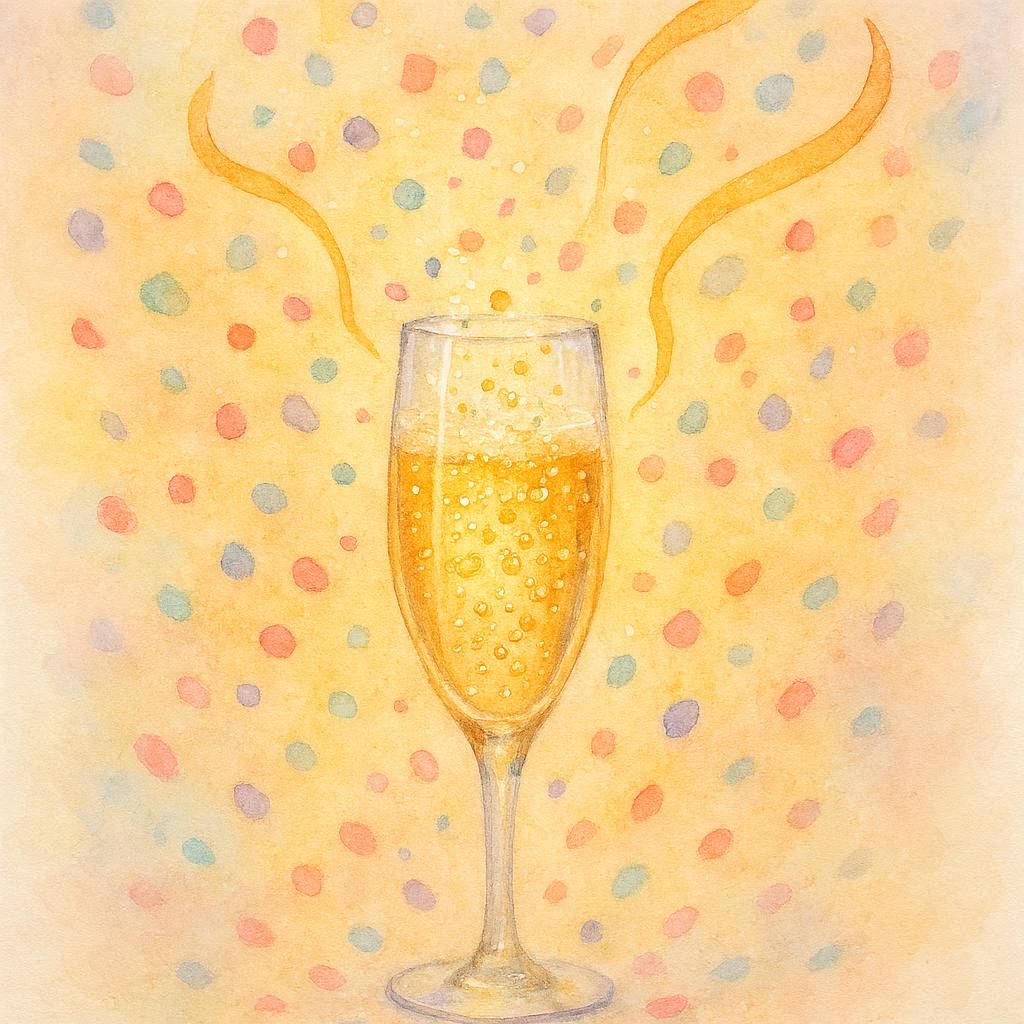 A delicate watercolor illustration of a sparkling champagne flute bursting with golden bubbles, surrounded by vibrant pastel confetti swirling in the air. Soft shimmering streamers curve upward as if lifted by joyful cheers. Warm glowing light enhances the festive, uplifting mood, creating a dreamy, energetic celebration atmosphere.