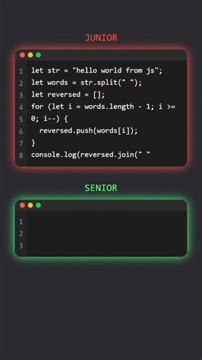 Junior vs Senior: Reverse Words in Sentence JavaScript 🔥 #js #coding #shorts