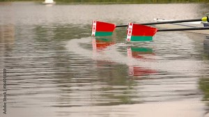 Competitions in rowing. Paddle in the water. Water splashes. Slow motion.