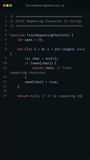 find the first repeating character in a string - Javascript logical questions #coding
