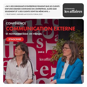Des communications externes plus cohérentes et engageantes, c’est toute l’organisation qui y gagne! 🙌 Faites évoluer vos pratiques à la conférence Communication externe : 📌 Meilleure gestion des risques 📌 Conseils pratiques pour évaluer et gérer la réputation 📌 Renforcement de la cohésion | Les Affaires