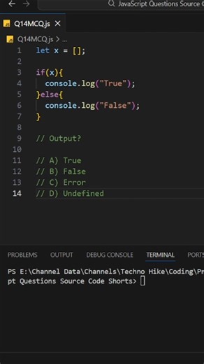Q14 MCQ Truthy value example using Empty Array in JavaScript #coding #shorts