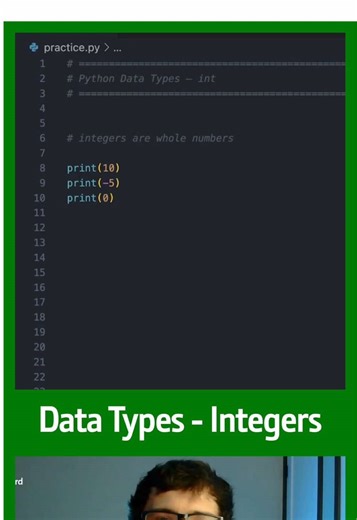 Python Basics — Integers This is the simplest data type… but beginners still mess it up 👇 • What integers are • How Python uses them • Basic integer operations If you don’t understand this, math in Python will confuse you later. Starting my journey to master Python & AI. Follow along if you're learning too. #python #learnpython #coding #programming #ai
