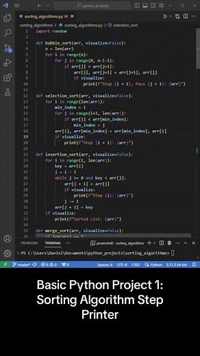 Source code and demo of a small Python project which shows the different steps for five popular sorting algorithms. #programming #python #sort #algorithm